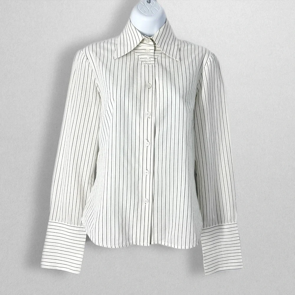 Vintage Jenne Maag Pinstripe Cream Tuxedo Button Down Shirt Women's Size 4P